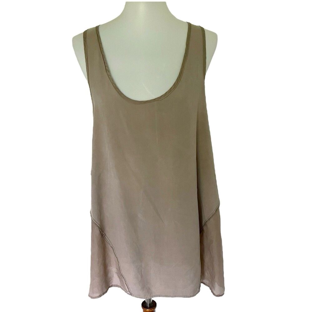 Go by GoSilk Tank Top L Taupe Brown 100% Silk Sheer Cutout Sleeveless Blouse